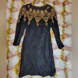 Vintage sequin beaded silk Black And Gold Dress Embellished  80's Retro